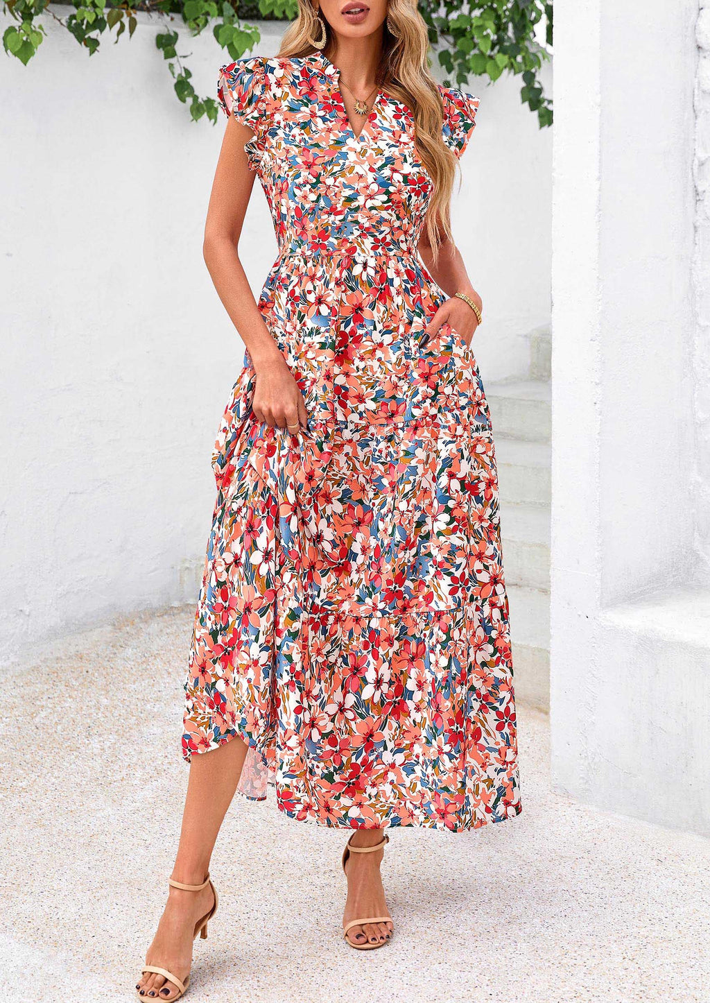 PRETTYGARDEN Women's Summer Floral Midi Dress Cap Sleeve V Neck Ruffle Long Flowy Boho Casual Beach Vacation Dresses