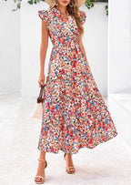PRETTYGARDEN Women's Summer Floral Midi Dress Cap Sleeve V Neck Ruffle Long Flowy Boho Casual Beach Vacation Dresses