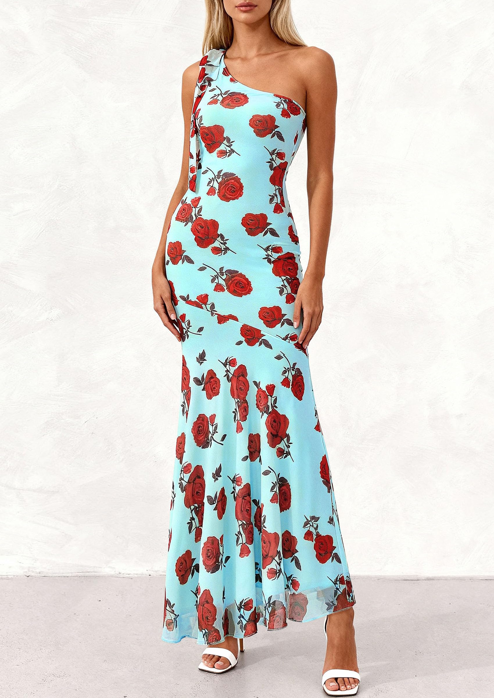 PRETTYGARDEN Womens Summer One Shoulder Maxi Dress Floral Sleeveless Bodycon Mesh Long Formal Wedding Guest Dresses