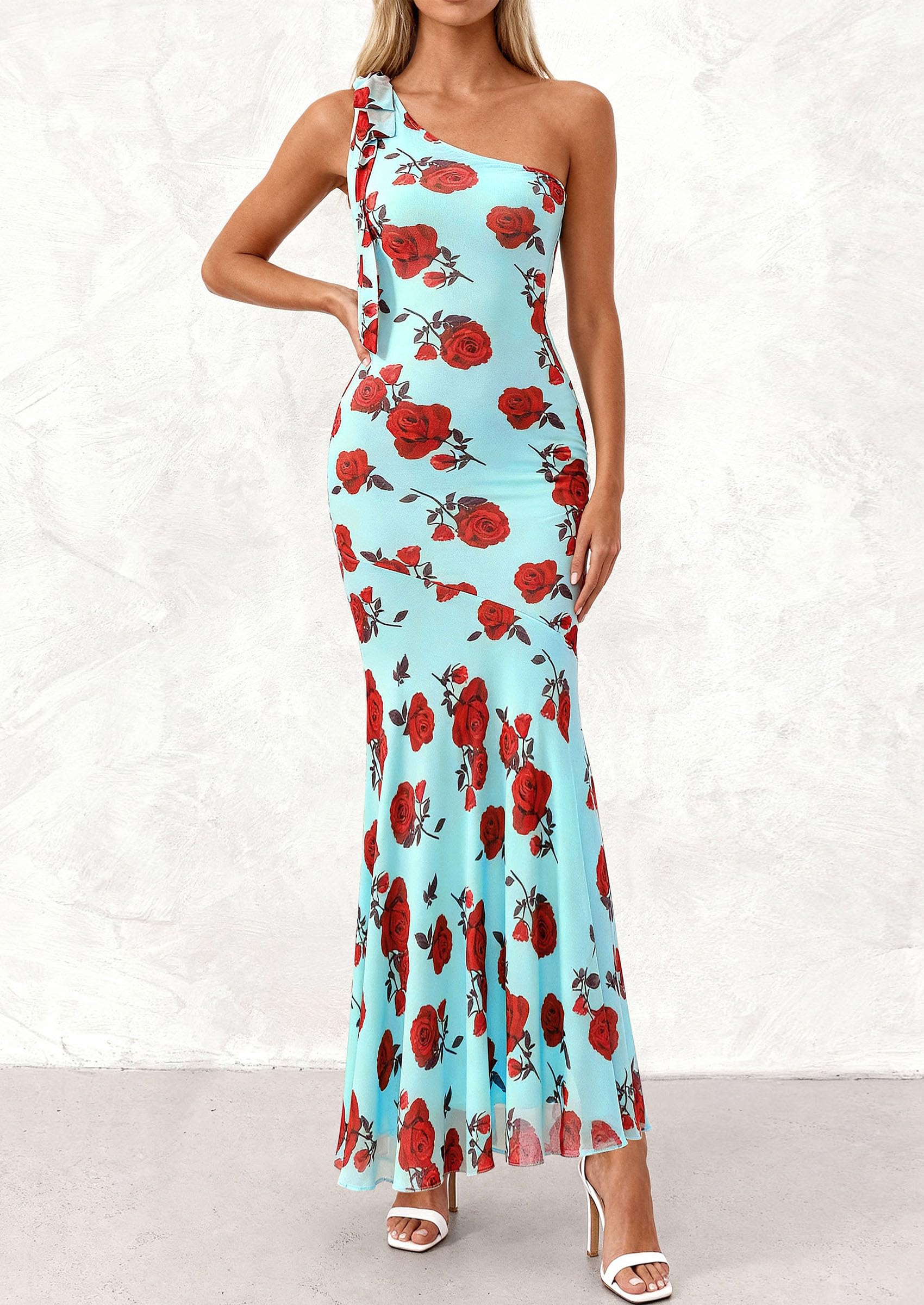PRETTYGARDEN Womens Summer One Shoulder Maxi Dress Floral Sleeveless Bodycon Mesh Long Formal Wedding Guest Dresses
