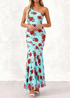 PRETTYGARDEN Womens Summer One Shoulder Maxi Dress Floral Sleeveless Bodycon Mesh Long Formal Wedding Guest Dresses