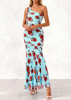PRETTYGARDEN Womens Summer One Shoulder Maxi Dress Floral Sleeveless Bodycon Mesh Long Formal Wedding Guest Dresses