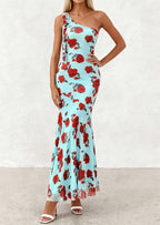 PRETTYGARDEN Womens Summer One Shoulder Maxi Dress Floral Sleeveless Bodycon Mesh Long Formal Wedding Guest Dresses
