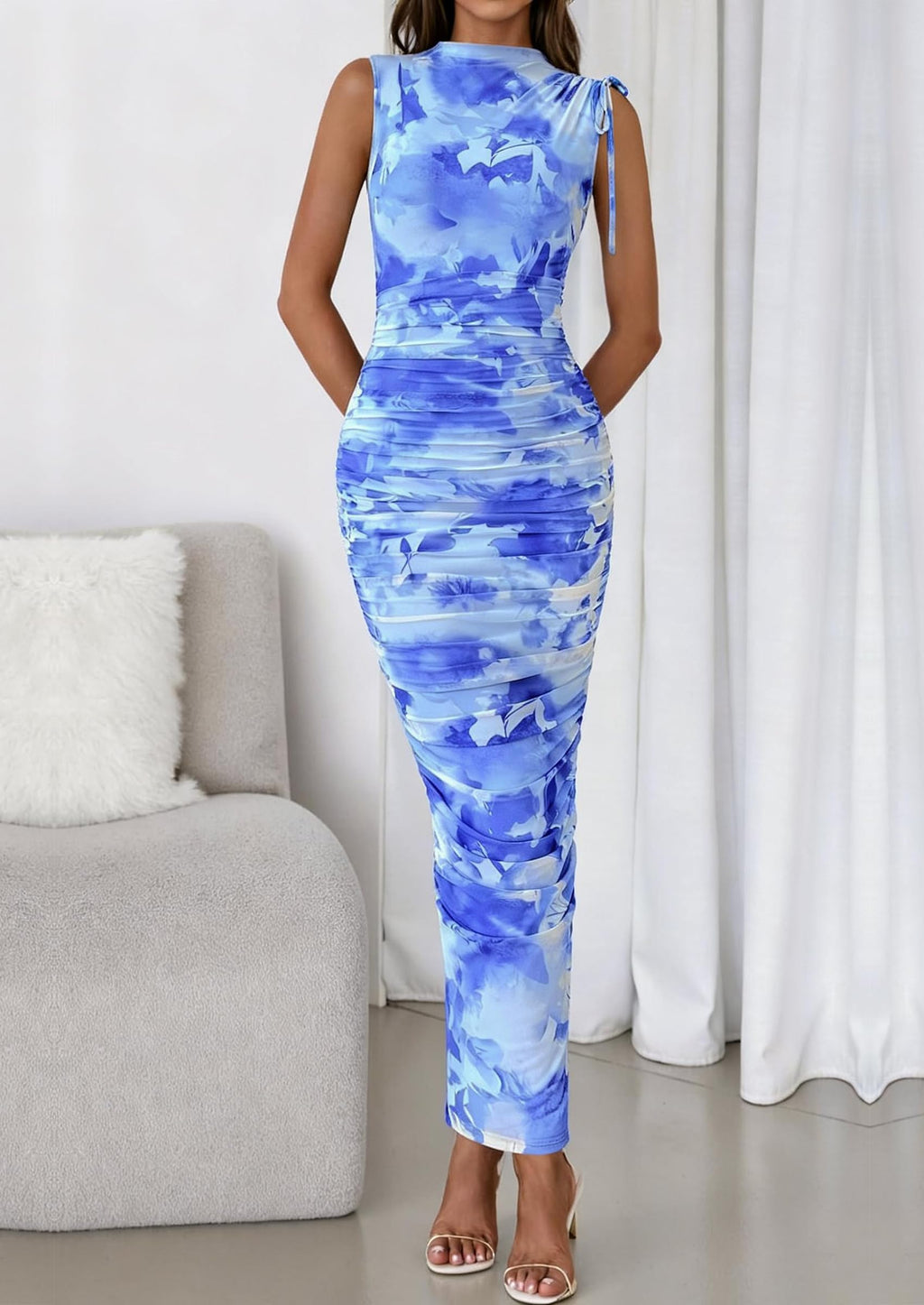 PRETTYGARDEN Women's Summer Maxi Floral Dresses Ruched Bodycon Sleeveless Mesh Formal Wedding Guest Cocktail Split Long Dress