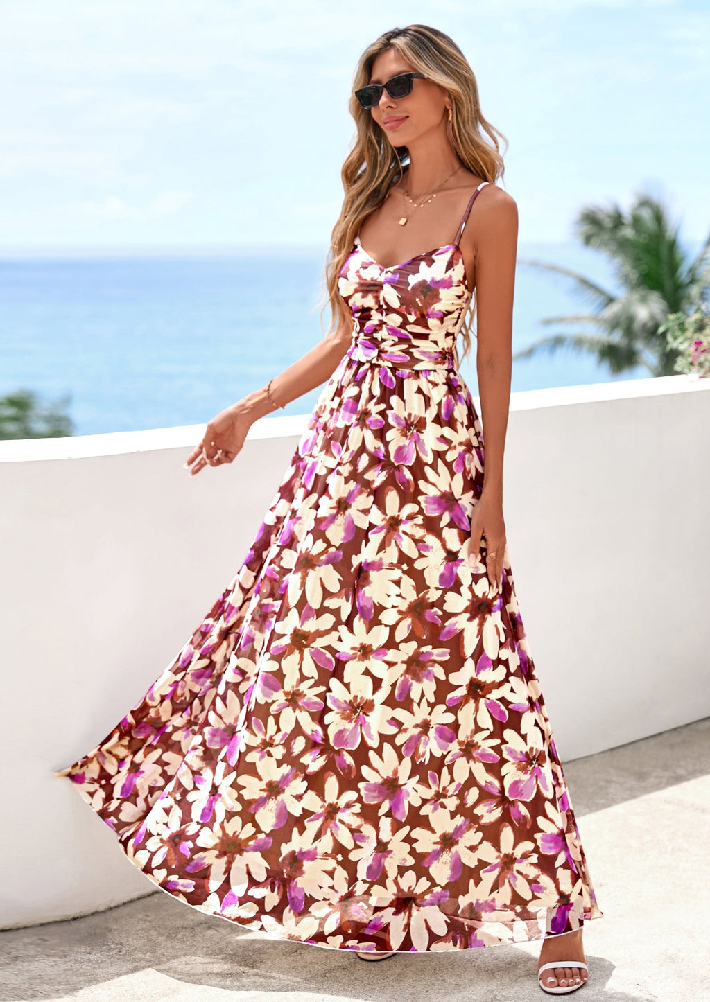 PRETTYGARDEN Women's Floral Maxi Dress Summer Outfits Spaghetti Strap Flowy Long Sundress Beach Vacation Boho Dresses