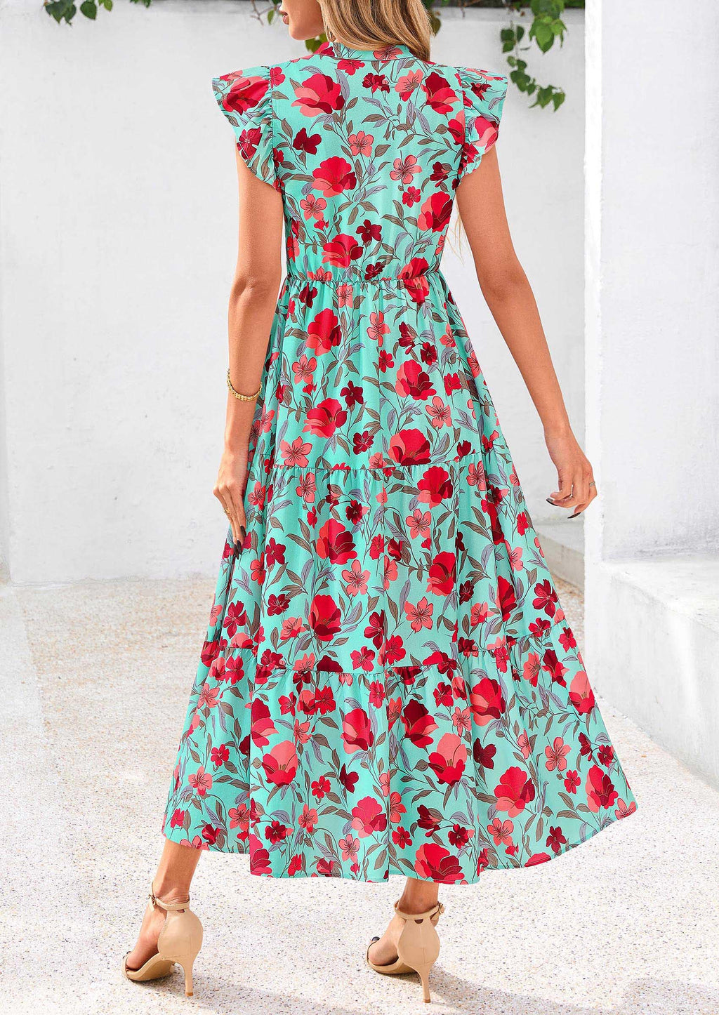 PRETTYGARDEN Women's Summer Floral Midi Dress Cap Sleeve V Neck Ruffle Long Flowy Boho Casual Beach Vacation Dresses