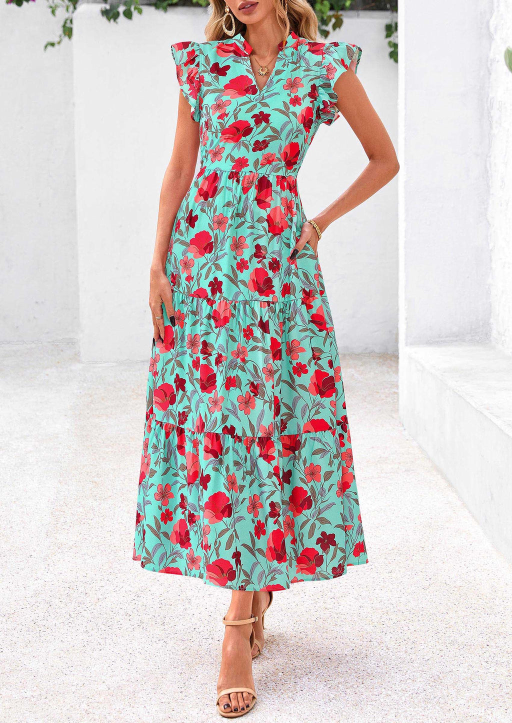 PRETTYGARDEN Women's Summer Floral Midi Dress Cap Sleeve V Neck Ruffle Long Flowy Boho Casual Beach Vacation Dresses