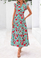 PRETTYGARDEN Women's Summer Floral Midi Dress Cap Sleeve V Neck Ruffle Long Flowy Boho Casual Beach Vacation Dresses
