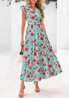 PRETTYGARDEN Women's Summer Floral Midi Dress Cap Sleeve V Neck Ruffle Long Flowy Boho Casual Beach Vacation Dresses