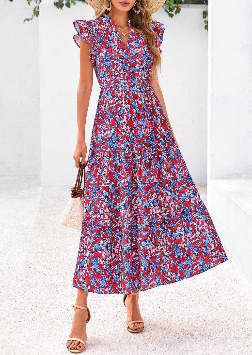 PRETTYGARDEN Women's Summer Floral Midi Dress Cap Sleeve V Neck Ruffle Long Flowy Boho Casual Beach Vacation Dresses