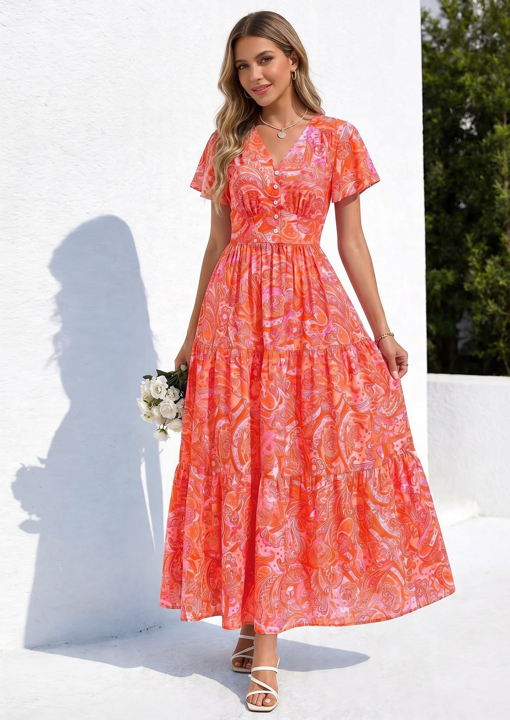 PRETTYGARDEN Women Summer Maxi Dresses Short Sleeve V Neck Button Floral Tiered Flowy Boho Sundress Beach Outfits