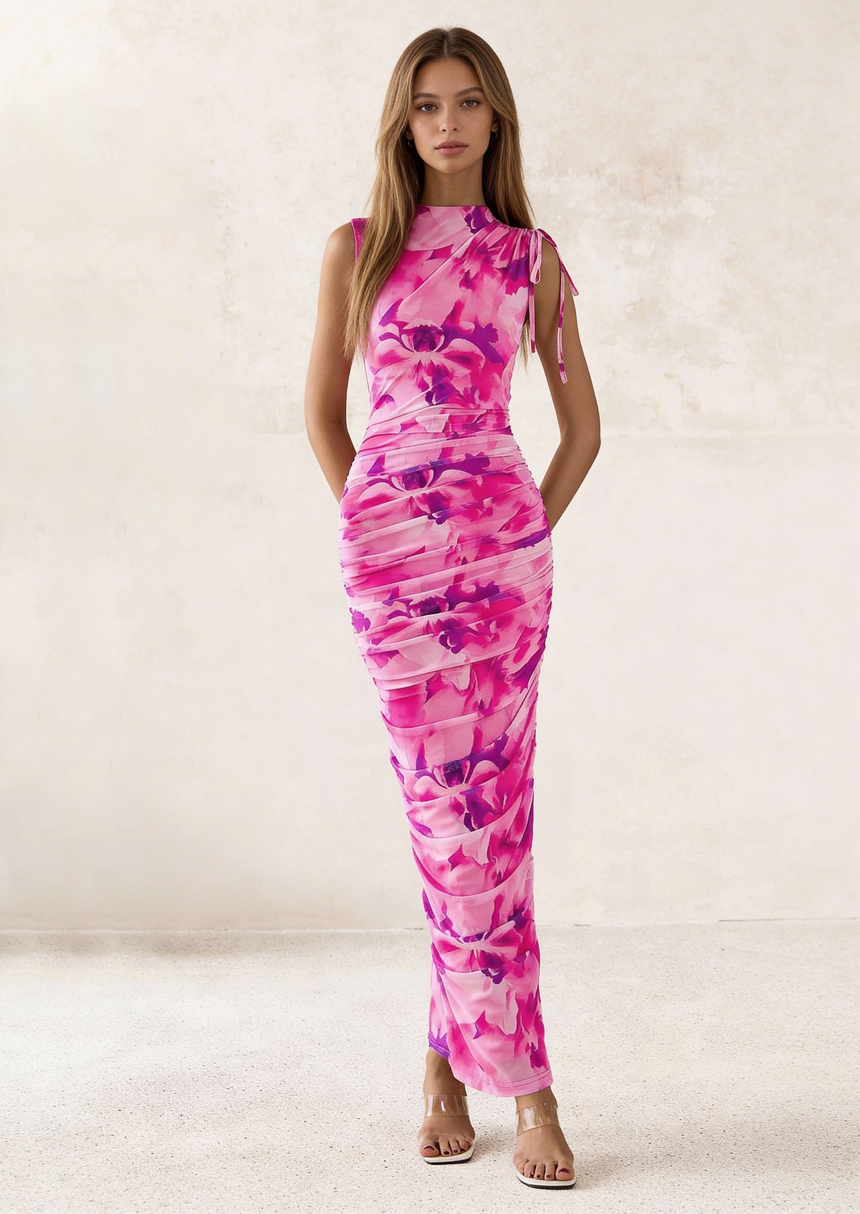 PRETTYGARDEN Women's Summer Maxi Floral Dresses Ruched Bodycon Sleeveless Mesh Formal Wedding Guest Cocktail Split Long Dress