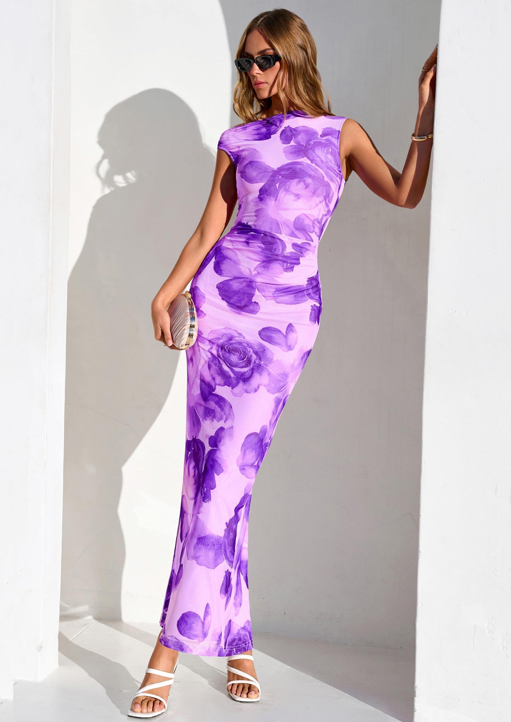 PRETTYGARDEN Women Summer One Shoulder Sleeveless Floral Maxi Dress Bodycon Ruched Mesh Formal Cocktail Wedding Guest Dresses