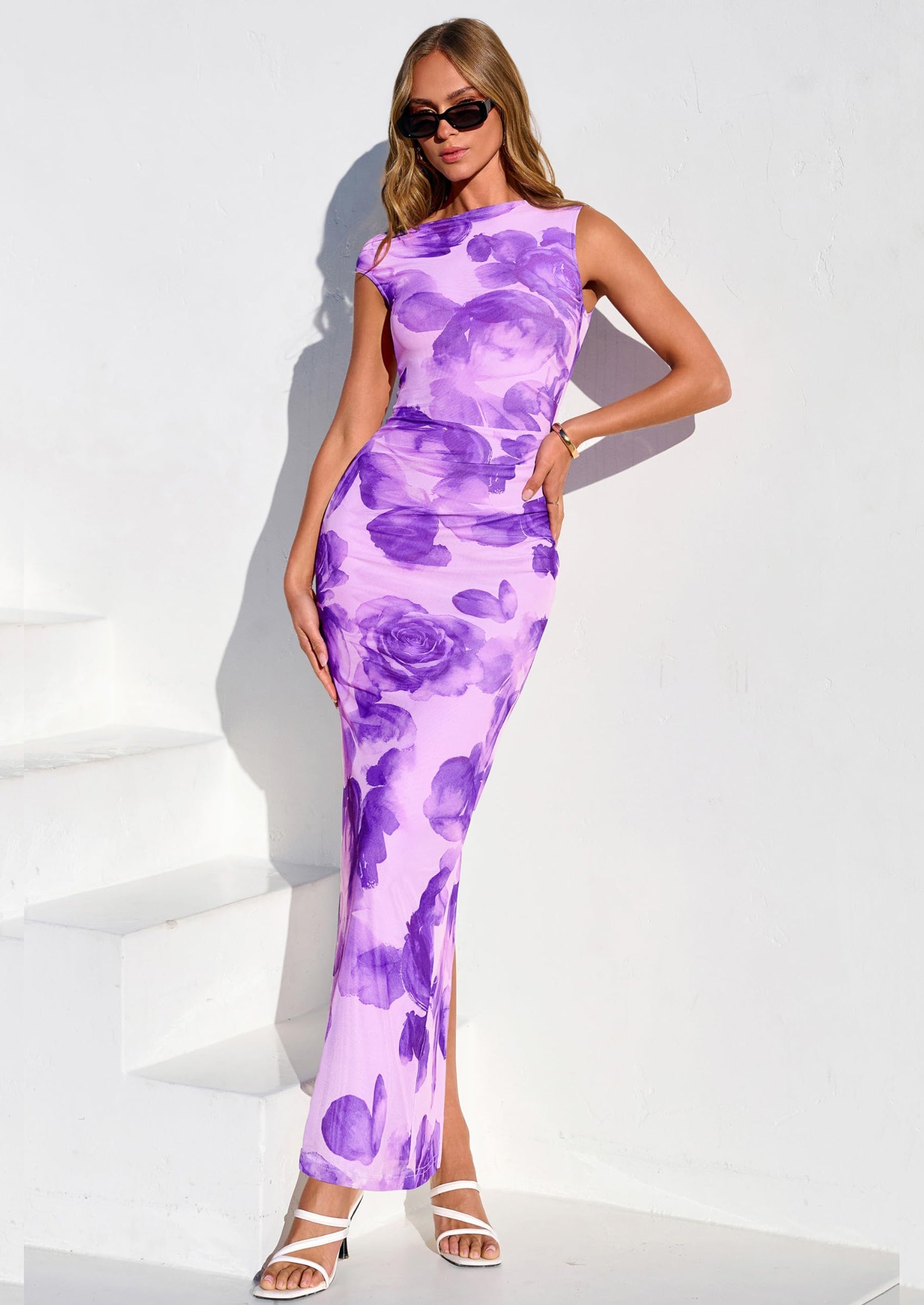 PRETTYGARDEN Women Summer One Shoulder Sleeveless Floral Maxi Dress Bodycon Ruched Mesh Formal Cocktail Wedding Guest Dresses