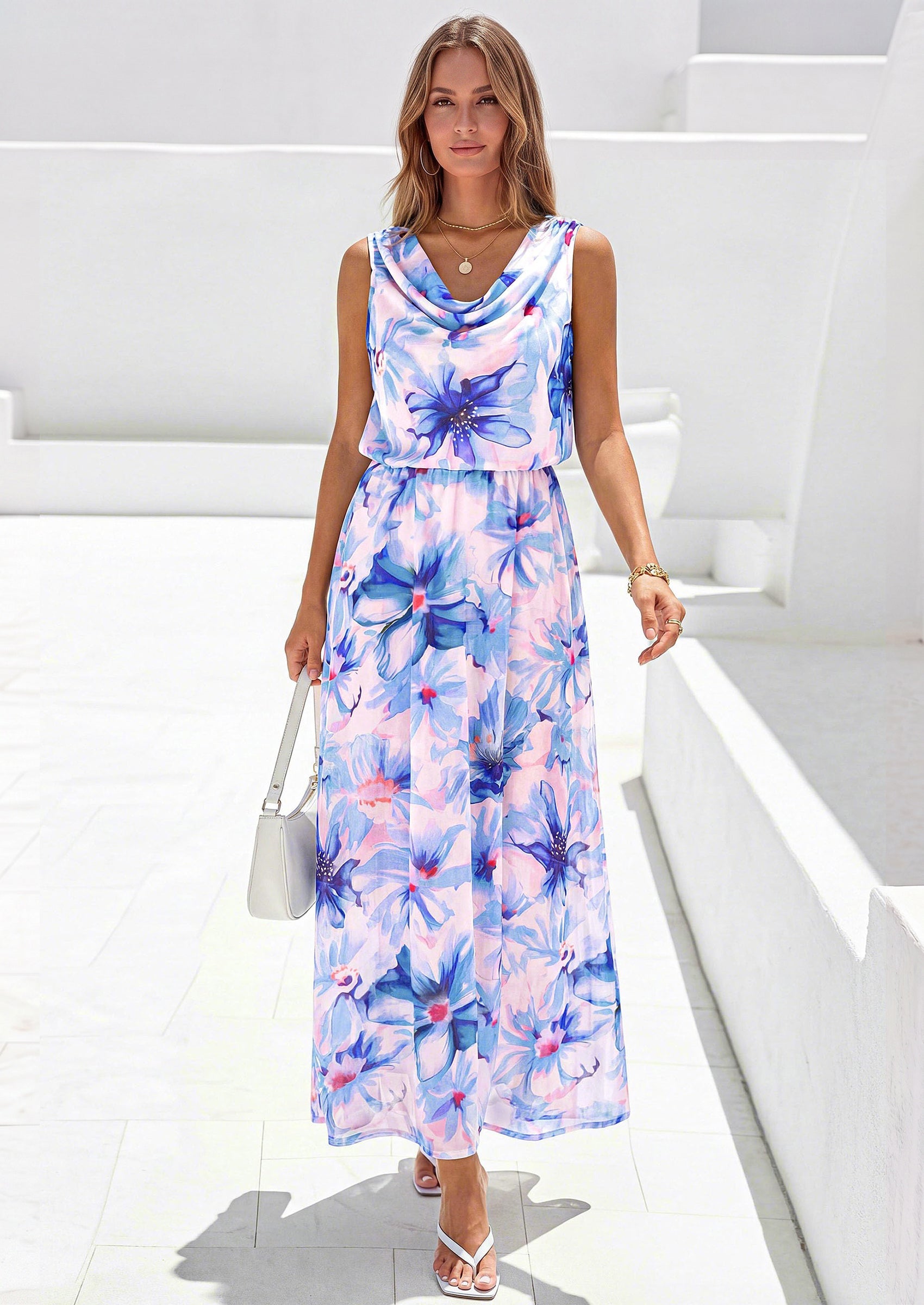 PRETTYGARDEN Womens Summer Floral Maxi Dresses Spring Sleeveless Cowl Neck Flowy Beach Vacation Wedding Guest Long Dress