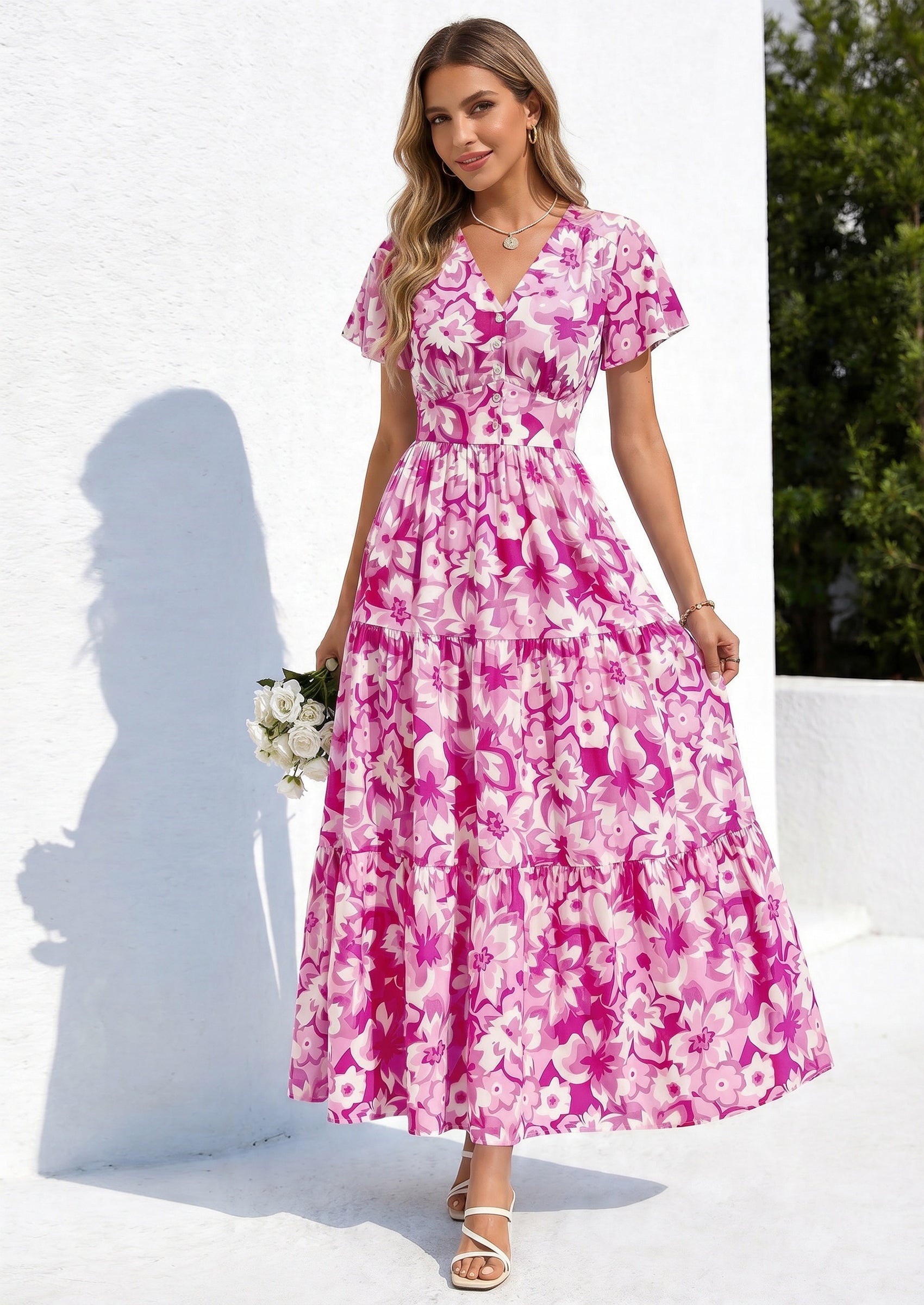 PRETTYGARDEN Women Summer Maxi Dresses Short Sleeve V Neck Button Floral Tiered Flowy Boho Sundress Beach Outfits