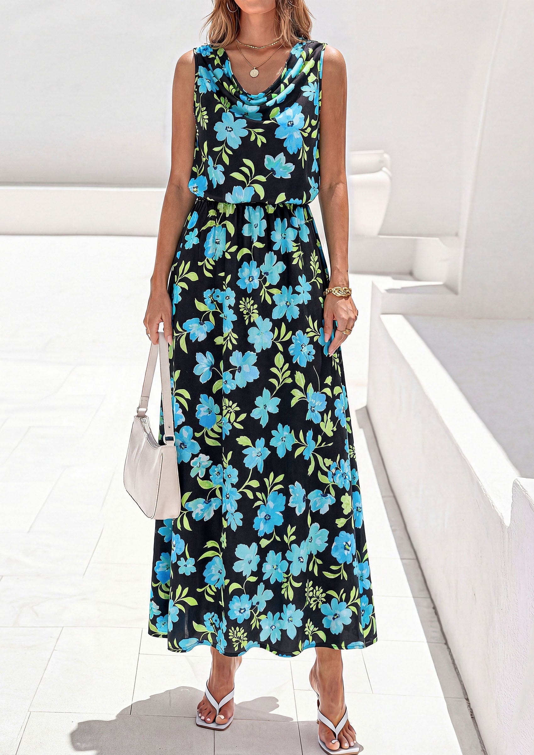 PRETTYGARDEN Womens Summer Floral Maxi Dresses Spring Sleeveless Cowl Neck Flowy Beach Vacation Wedding Guest Long Dress
