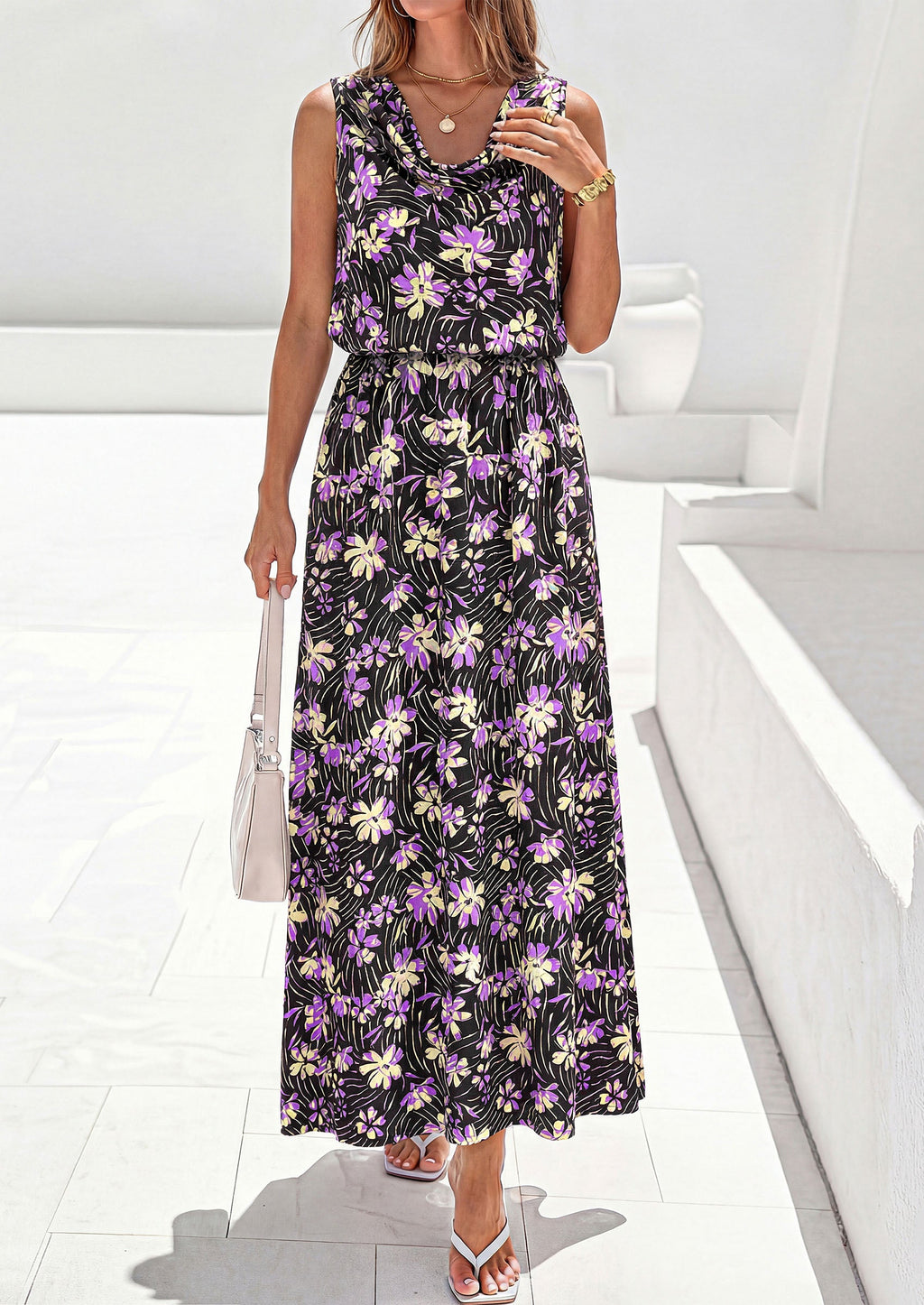 PRETTYGARDEN Womens Summer Floral Maxi Dresses Spring Sleeveless Cowl Neck Flowy Beach Vacation Wedding Guest Long Dress
