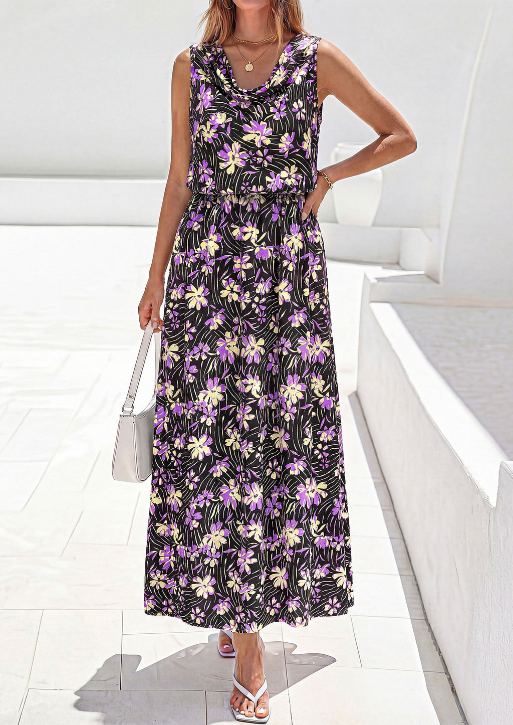 PRETTYGARDEN Womens Summer Floral Maxi Dresses Spring Sleeveless Cowl Neck Flowy Beach Vacation Wedding Guest Long Dress