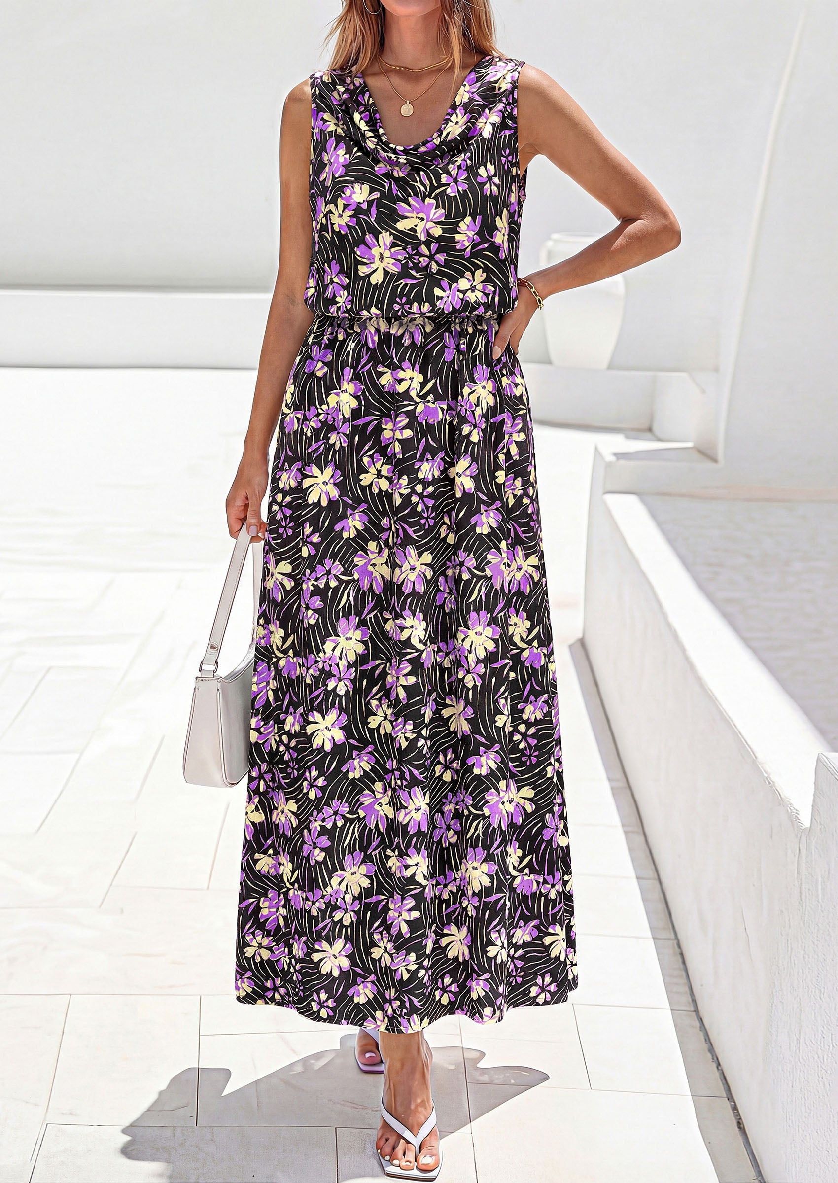 PRETTYGARDEN Womens Summer Floral Maxi Dresses Spring Sleeveless Cowl Neck Flowy Beach Vacation Wedding Guest Long Dress