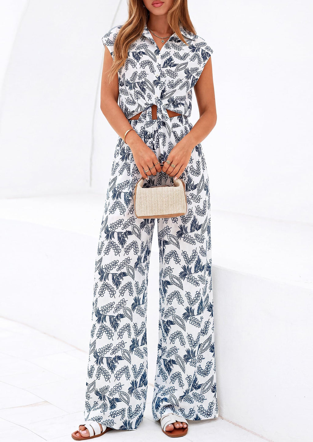 PRETTYGARDEN 2 Piece Sets For Women Summer Striped Button Down Tie Front Crop Tops Wide Leg Pants Floral Lounge Set