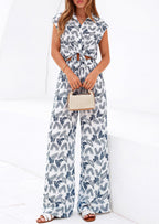 PRETTYGARDEN 2 Piece Sets For Women Summer Striped Button Down Tie Front Crop Tops Wide Leg Pants Floral Lounge Set