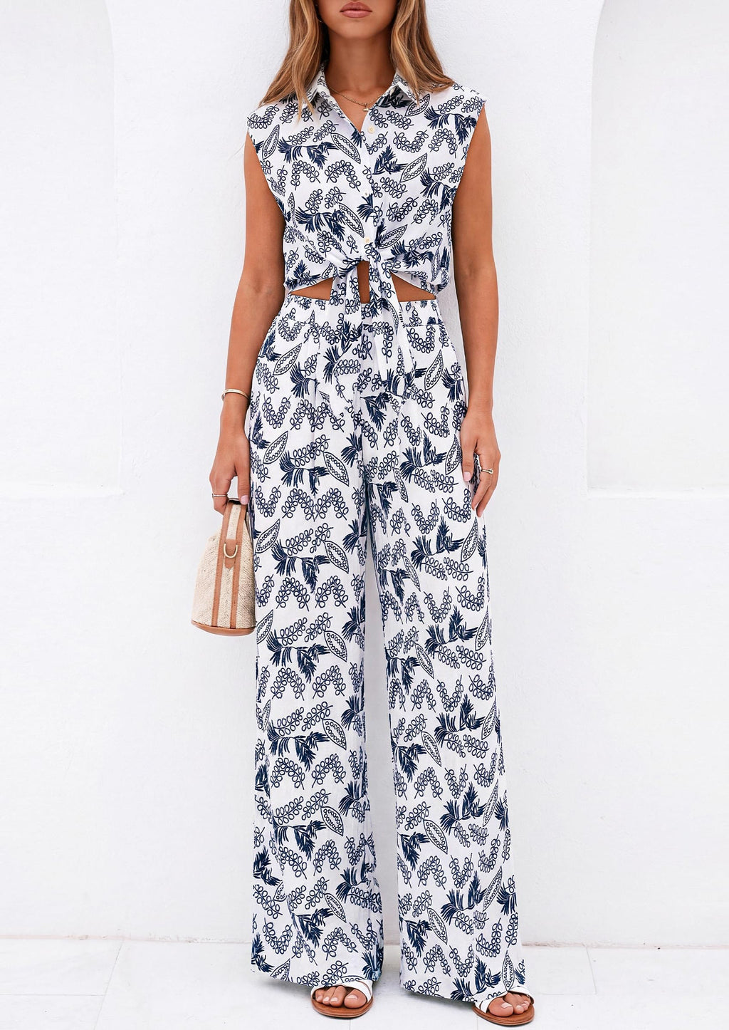 PRETTYGARDEN 2 Piece Sets For Women Summer Striped Button Down Tie Front Crop Tops Wide Leg Pants Floral Lounge Set