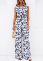 PRETTYGARDEN 2 Piece Sets For Women Summer Striped Button Down Tie Front Crop Tops Wide Leg Pants Floral Lounge Set