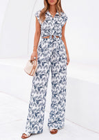 PRETTYGARDEN 2 Piece Sets For Women Summer Striped Button Down Tie Front Crop Tops Wide Leg Pants Floral Lounge Set
