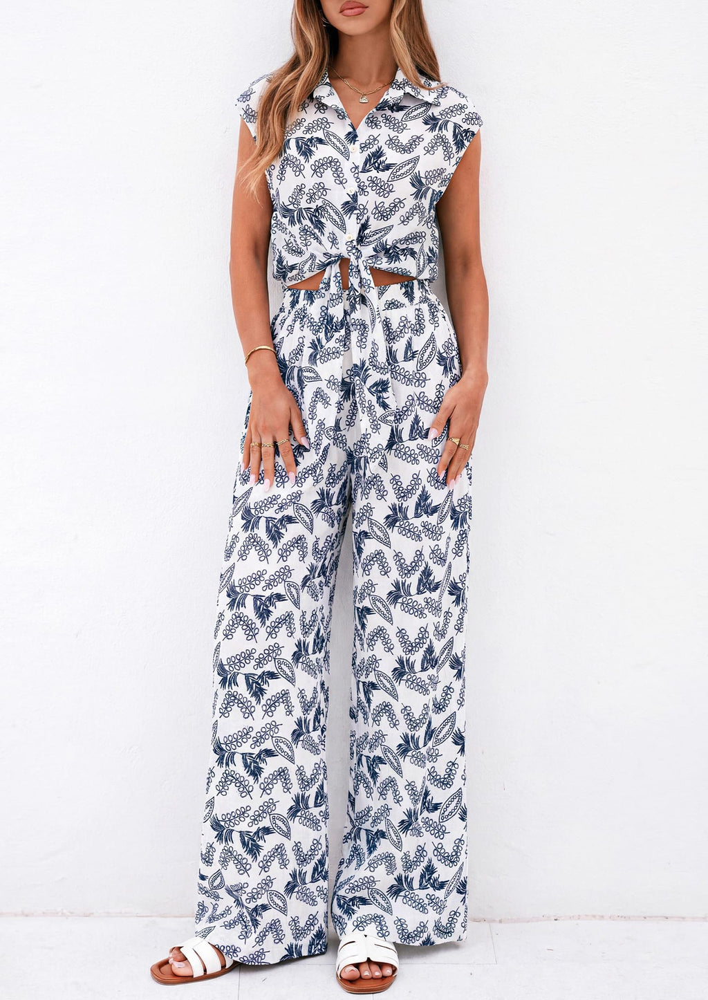 PRETTYGARDEN 2 Piece Sets For Women Summer Striped Button Down Tie Front Crop Tops Wide Leg Pants Floral Lounge Set