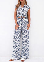 PRETTYGARDEN 2 Piece Sets For Women Summer Striped Button Down Tie Front Crop Tops Wide Leg Pants Floral Lounge Set