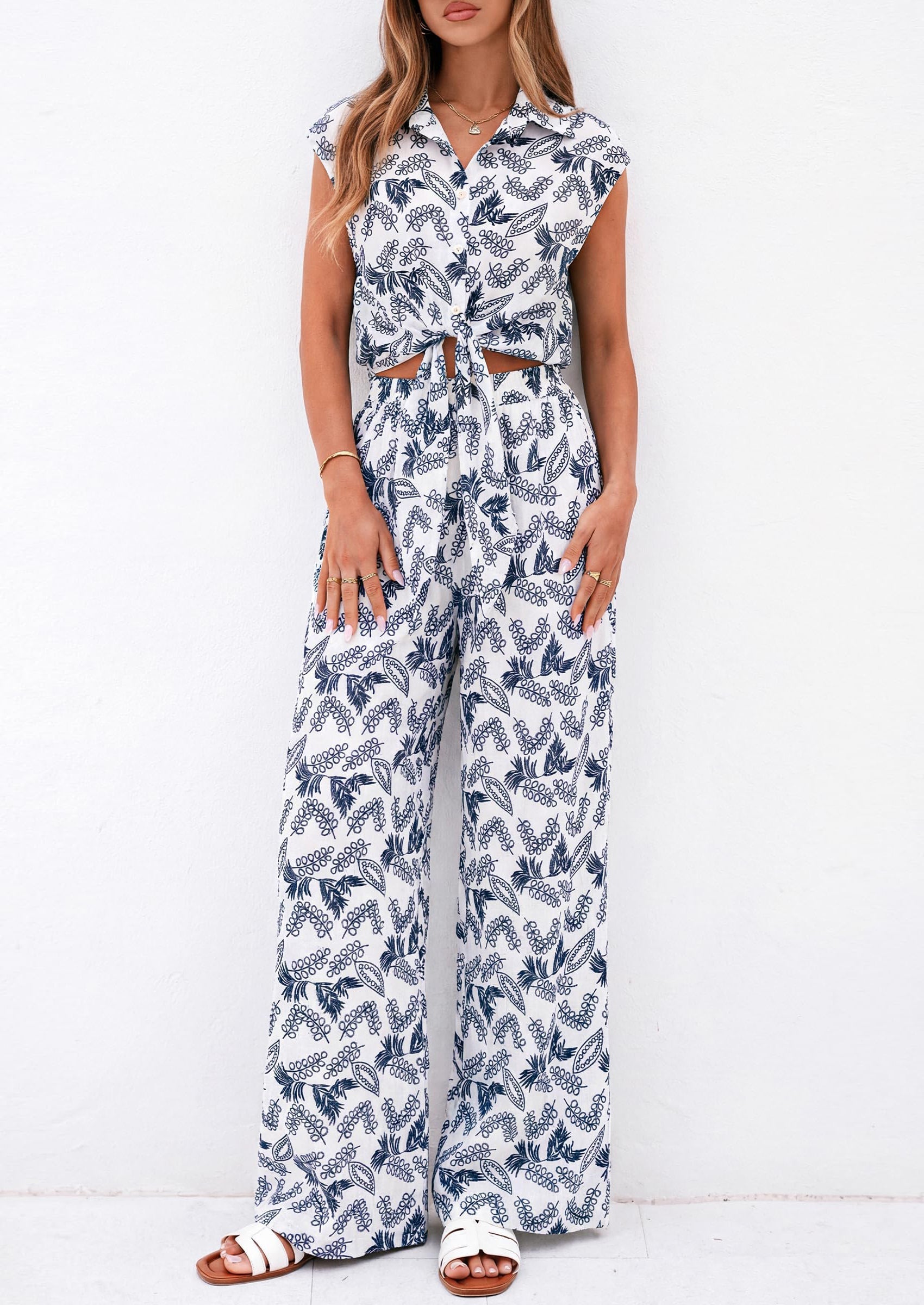 PRETTYGARDEN 2 Piece Sets For Women Summer Striped Button Down Tie Front Crop Tops Wide Leg Pants Floral Lounge Set