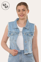 Cropped Denim Waistcoat With Raw Hem