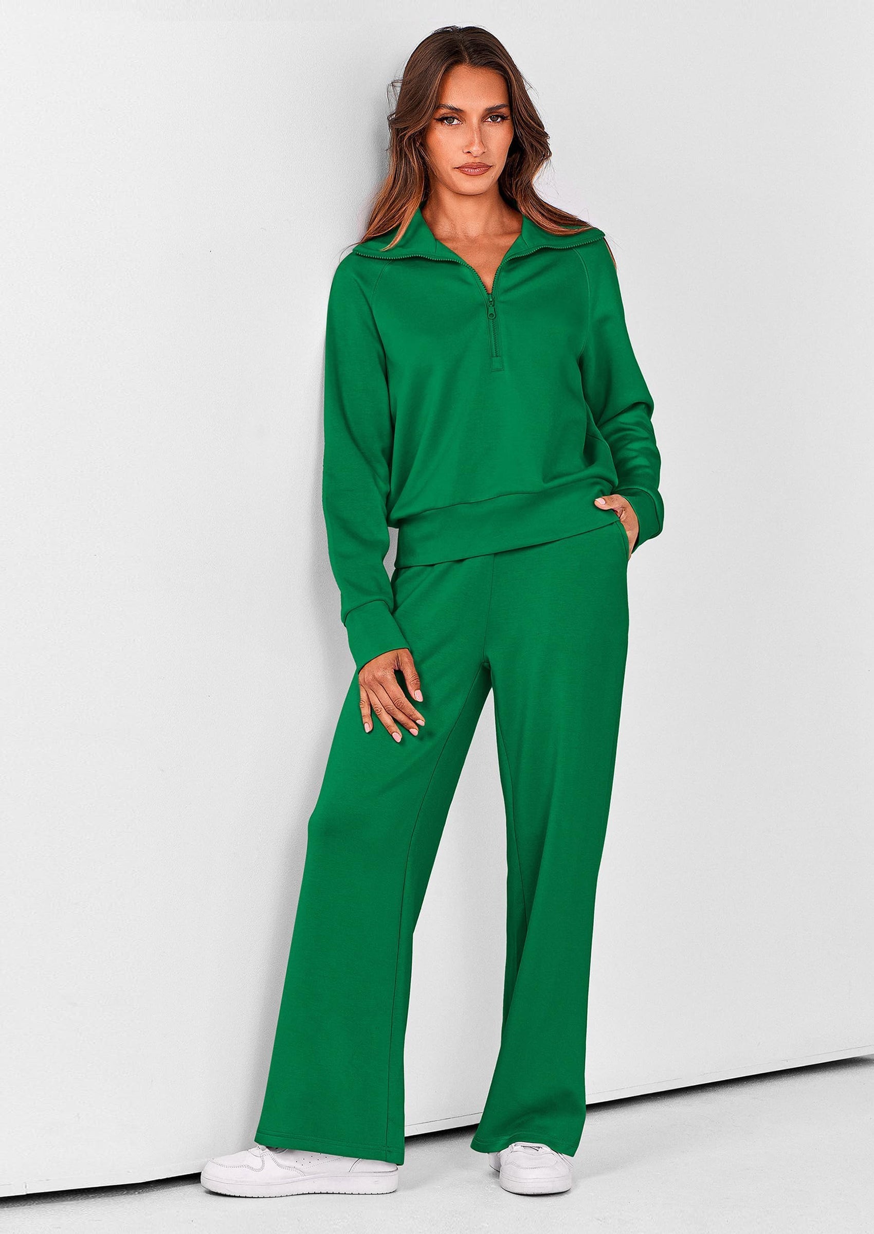 PRETTYGARDEN Women's 2 Piece Outfits Casual Lapel Half Zip Sweatshirts And Wide Leg Pants Tracksuit Sets