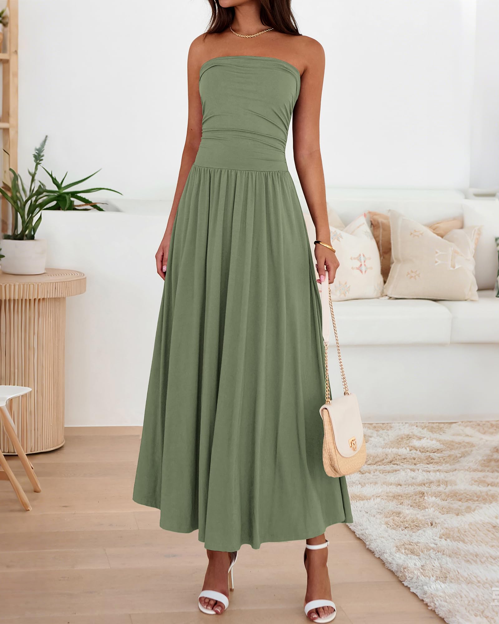 BTFBM Summer Maxi Dresses for Women Strapless Ruched Tube Top Beach Vacation Spring Wedding Guest Dress Pockets