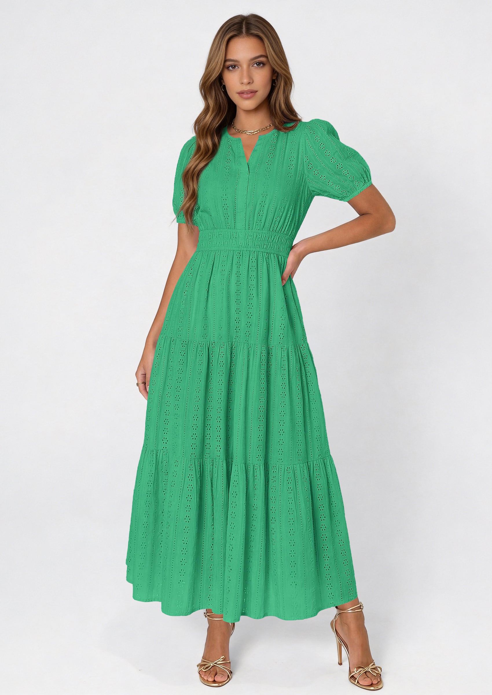 PRETTYGARDEN Womens Summer Maxi Dresses Casual Puff Sleeve V Neck Smocked Flowy Eyelet Cotton Dress Spring Sundress