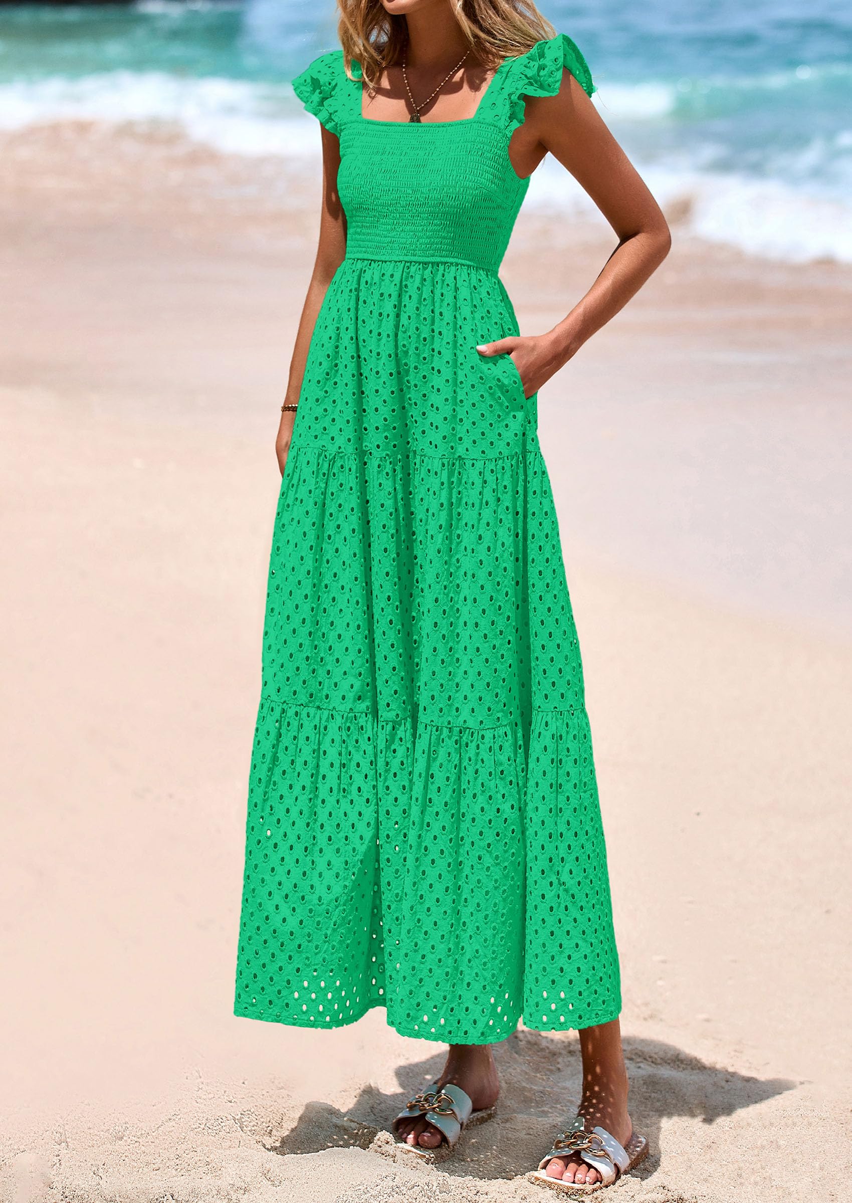 PRETTYGARDEN Womens Square Neck Maxi Dresses Cap Sleeve Eyelet Smocked Tiered A Line Flowy Long Dress with Pockets