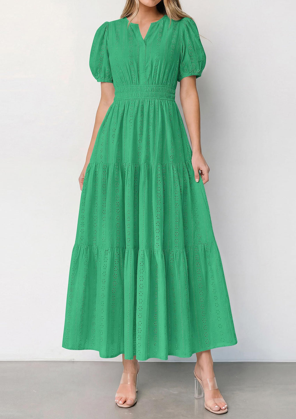 PRETTYGARDEN Womens Summer Maxi Dresses Casual Puff Sleeve V Neck Smocked Flowy Eyelet Cotton Dress Spring Sundress