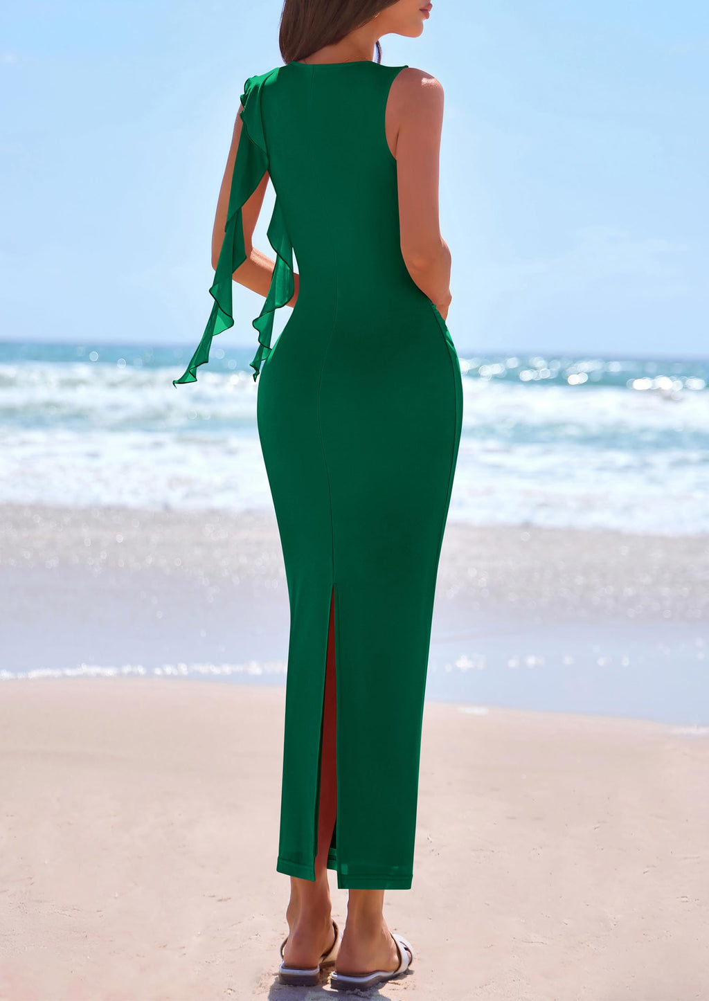 PRETTYGARDEN Women's Summer Maxi Dresses Sleeveless Ruffle Formal Wedding Guest Cocktail Mesh Bodycon Split Long Dress