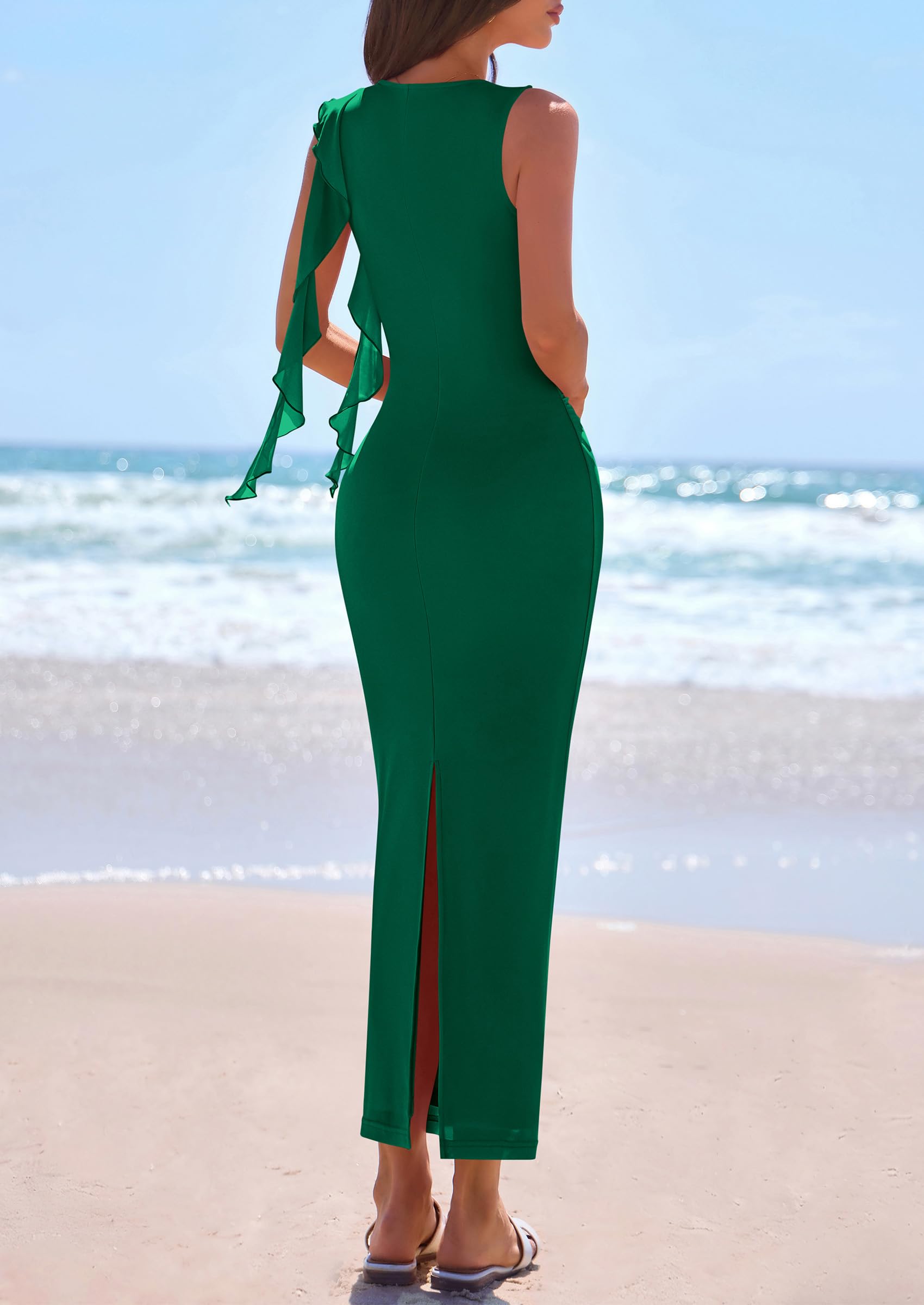PRETTYGARDEN Women's Summer Maxi Dresses Sleeveless Ruffle Formal Wedding Guest Cocktail Mesh Bodycon Split Long Dress