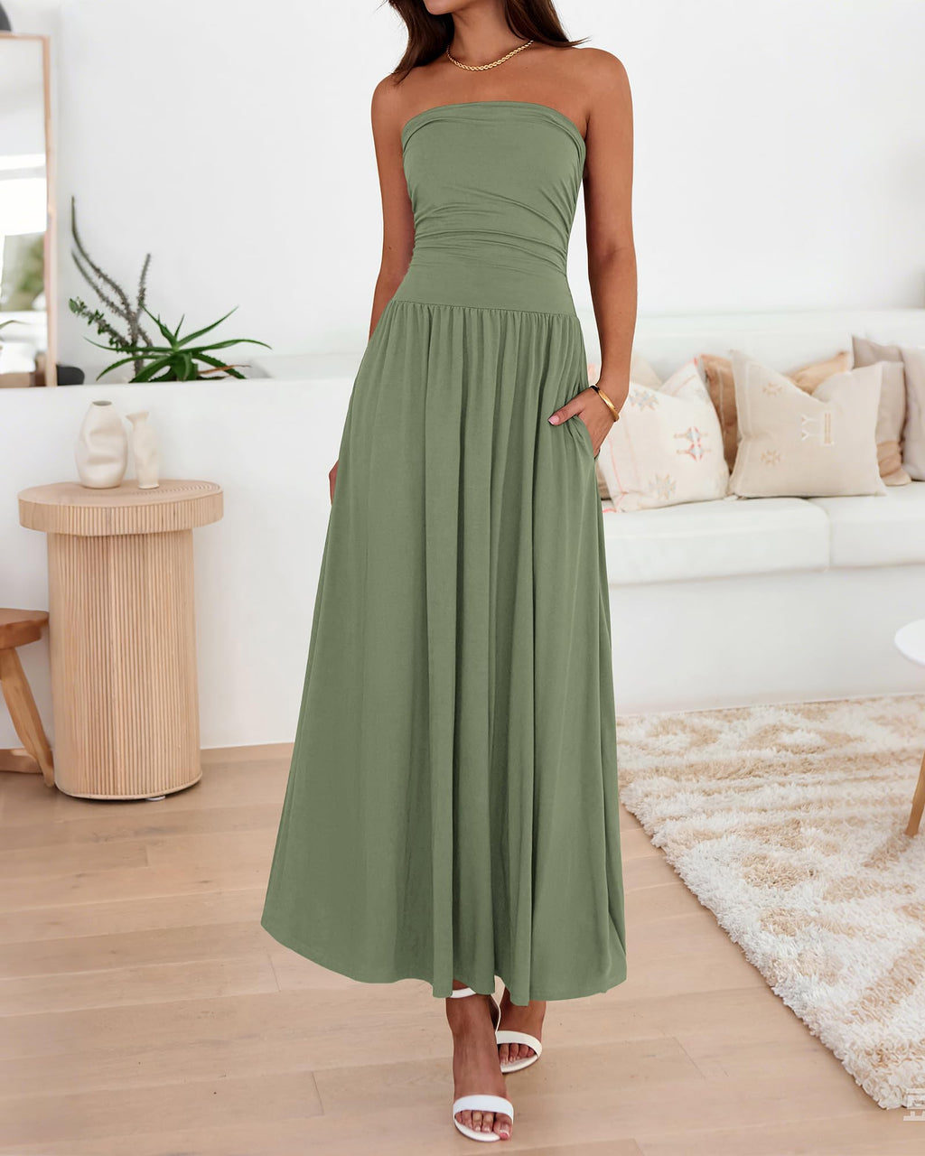 BTFBM Summer Maxi Dresses for Women Strapless Ruched Tube Top Beach Vacation Spring Wedding Guest Dress Pockets