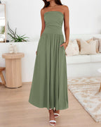 BTFBM Summer Maxi Dresses for Women Strapless Ruched Tube Top Beach Vacation Spring Wedding Guest Dress Pockets