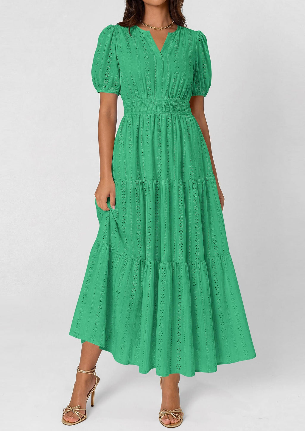 PRETTYGARDEN Womens Summer Maxi Dresses Casual Puff Sleeve V Neck Smocked Flowy Eyelet Cotton Dress Spring Sundress