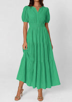 PRETTYGARDEN Womens Summer Maxi Dresses Casual Puff Sleeve V Neck Smocked Flowy Eyelet Cotton Dress Spring Sundress