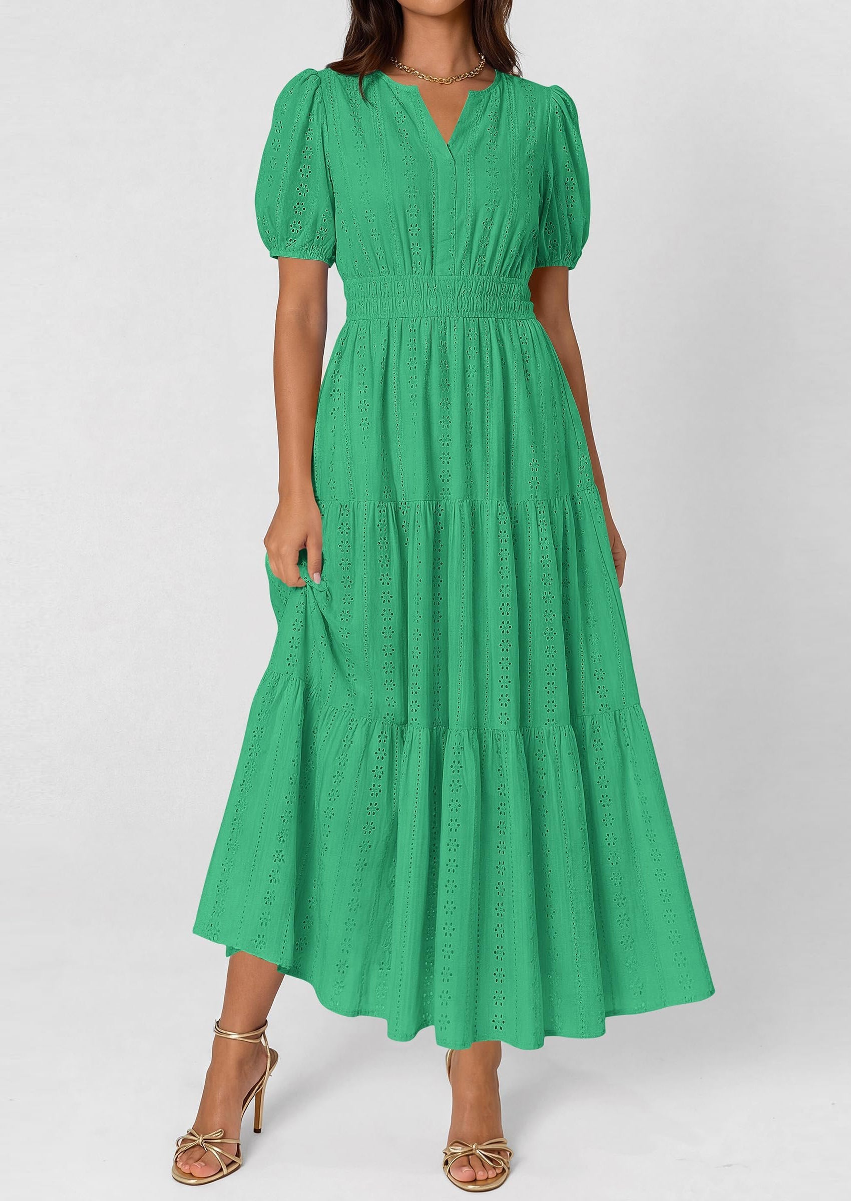 PRETTYGARDEN Womens Summer Maxi Dresses Casual Puff Sleeve V Neck Smocked Flowy Eyelet Cotton Dress Spring Sundress