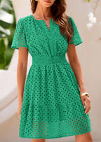 PRETTYGARDEN Women Summer Short Dress V Neck Short Sleeve A Line Hollow Out Lace Ruffle Cute Casual Beach Party Dresses