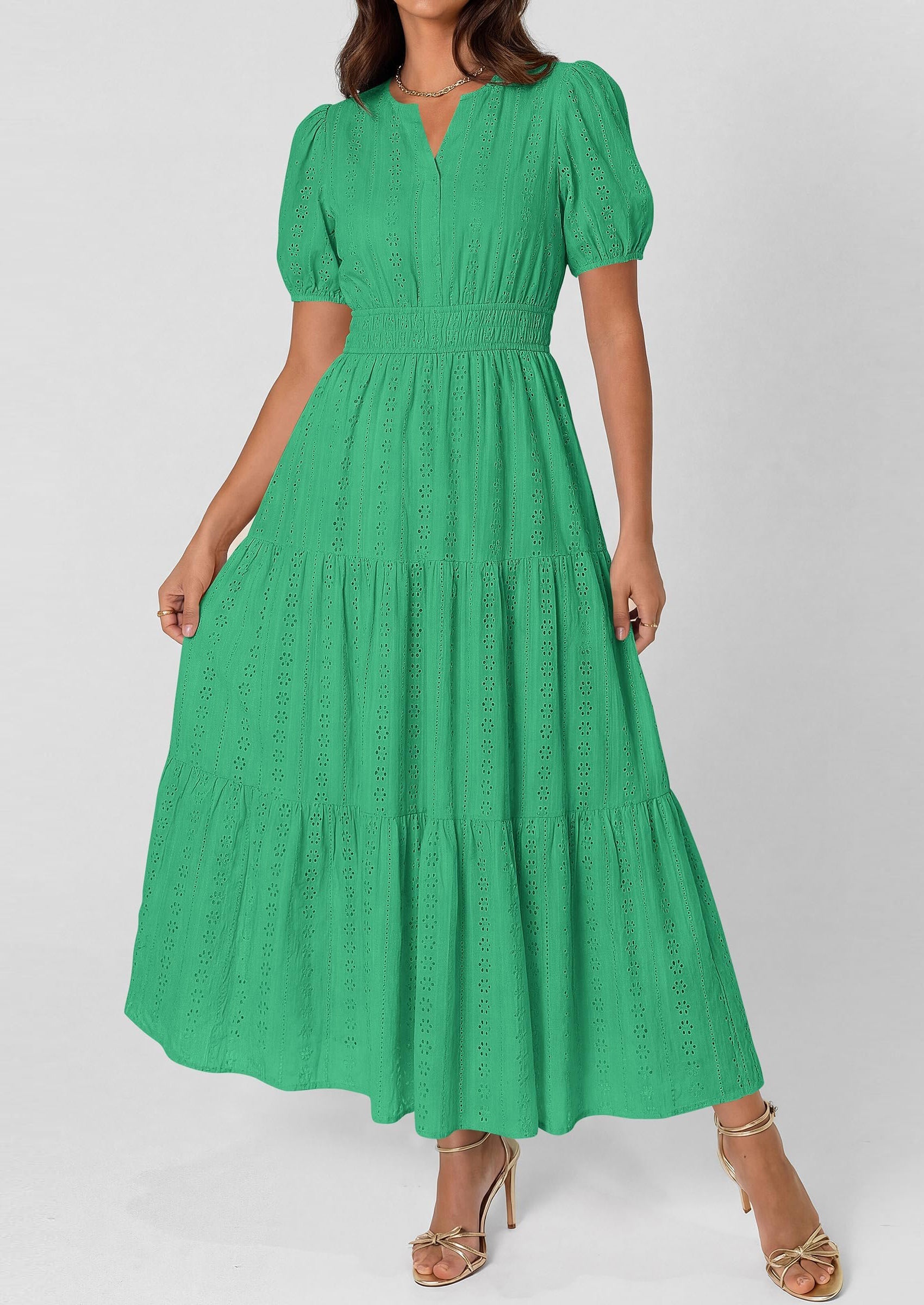 PRETTYGARDEN Womens Summer Maxi Dresses Casual Puff Sleeve V Neck Smocked Flowy Eyelet Cotton Dress Spring Sundress