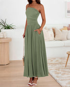 BTFBM Summer Maxi Dresses for Women Strapless Ruched Tube Top Beach Vacation Spring Wedding Guest Dress Pockets