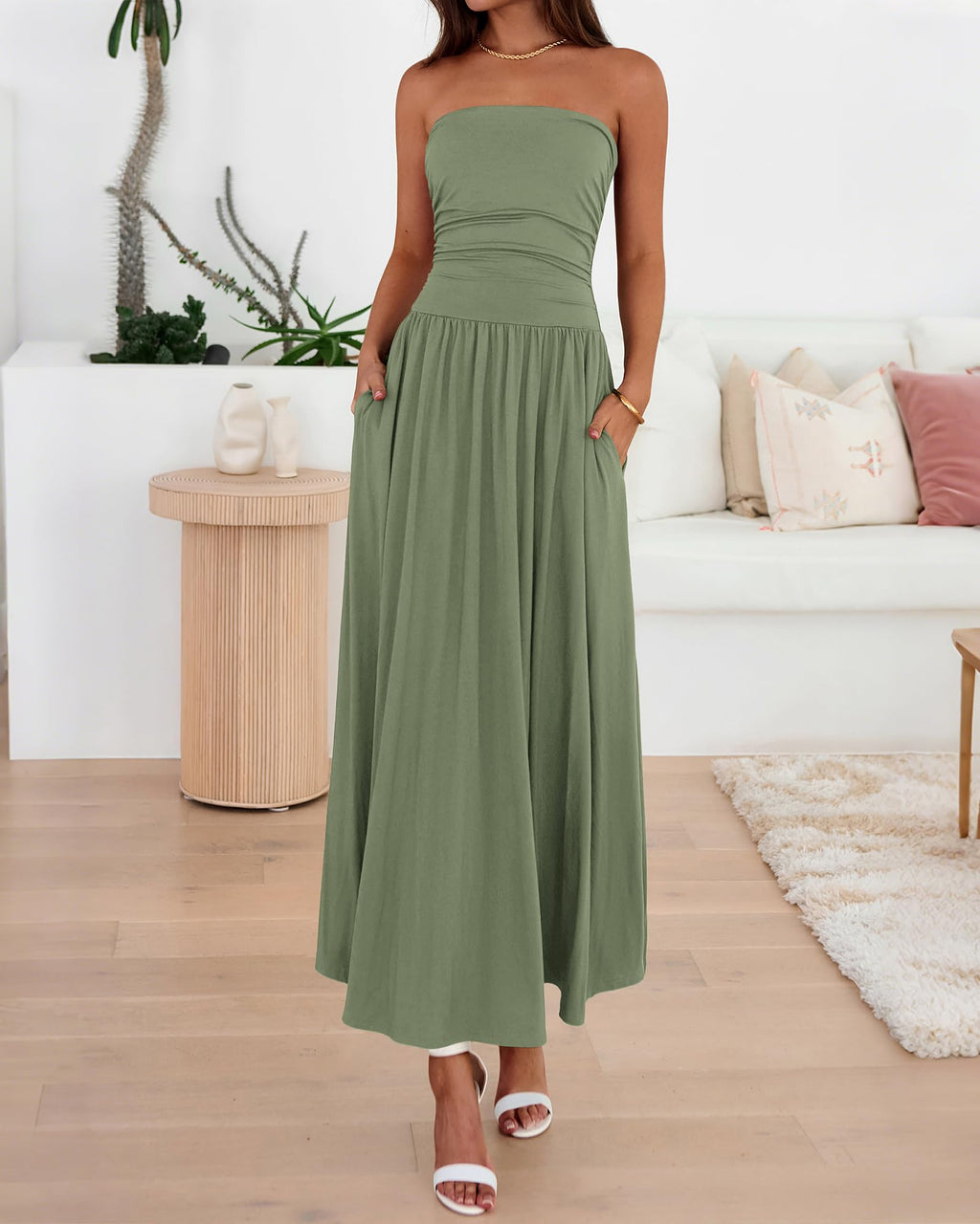 BTFBM Summer Maxi Dresses for Women Strapless Ruched Tube Top Beach Vacation Spring Wedding Guest Dress Pockets