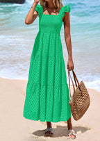 PRETTYGARDEN Womens Square Neck Maxi Dresses Cap Sleeve Eyelet Smocked Tiered A Line Flowy Long Dress with Pockets